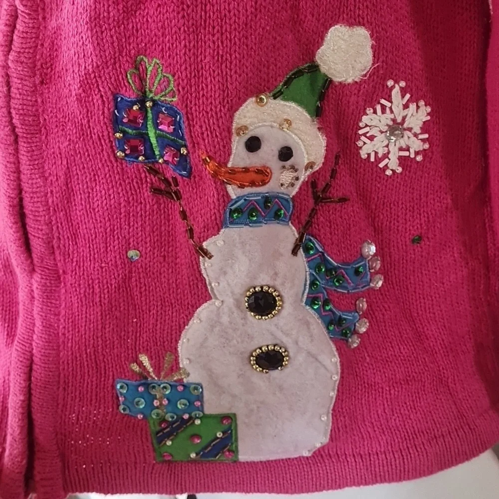 Christmas Ugly Pink Snowman Embellished Sweater Medium - Picture 6 of 14